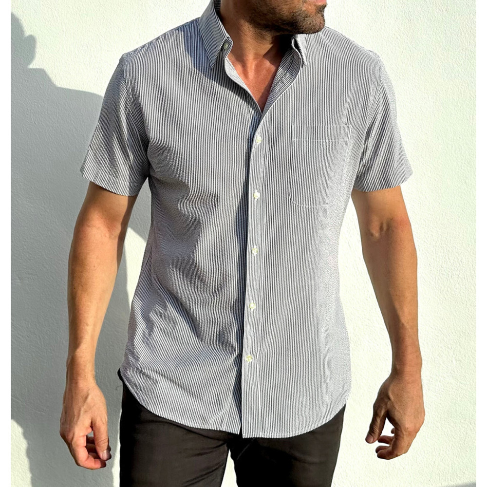 Teddy Stratford Striped Seersucker Short Sleeve Shirt Charcoal Men Medium Size 2